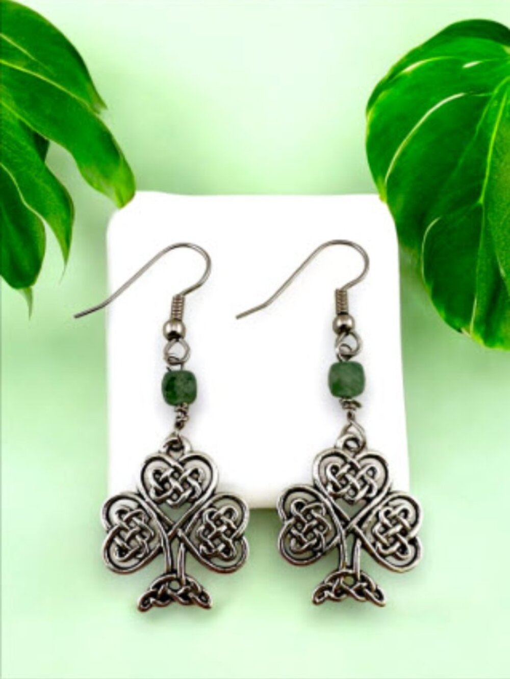 Celtic Shamrock Earrings Irish Green Aventurine Surgical Steel Dangle 2" Drop